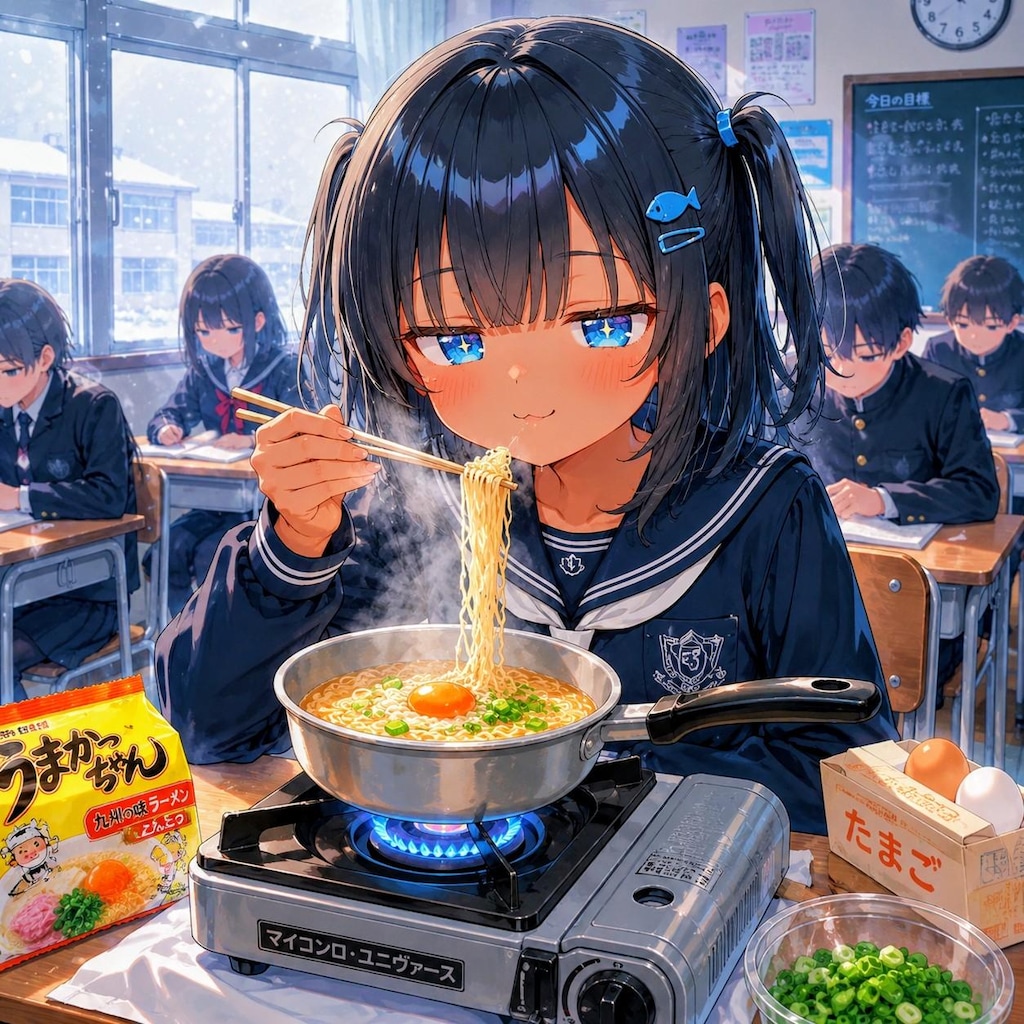 インスタント麺を食べるこなつちゃん