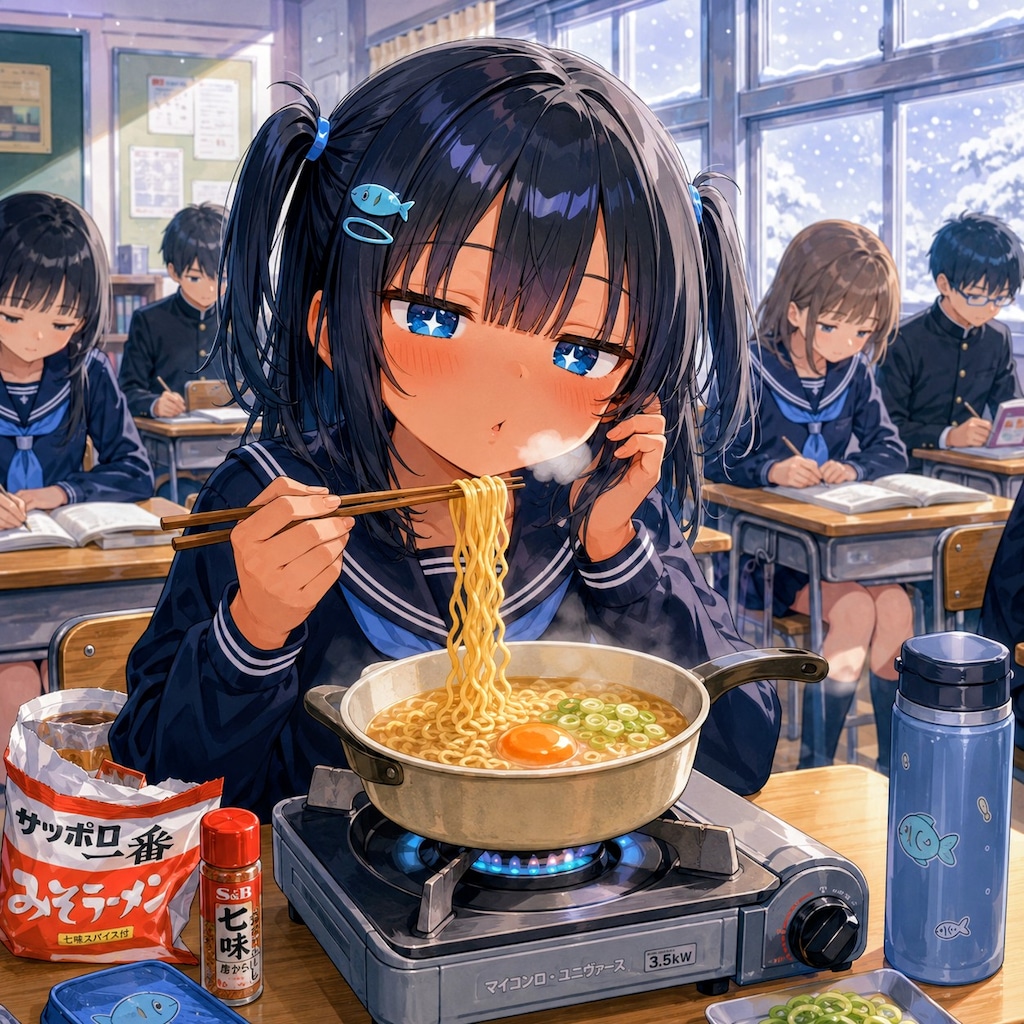 インスタント麺を食べるこなつちゃん