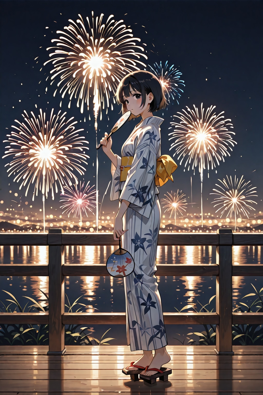花火と下駄を履いた浴衣少女