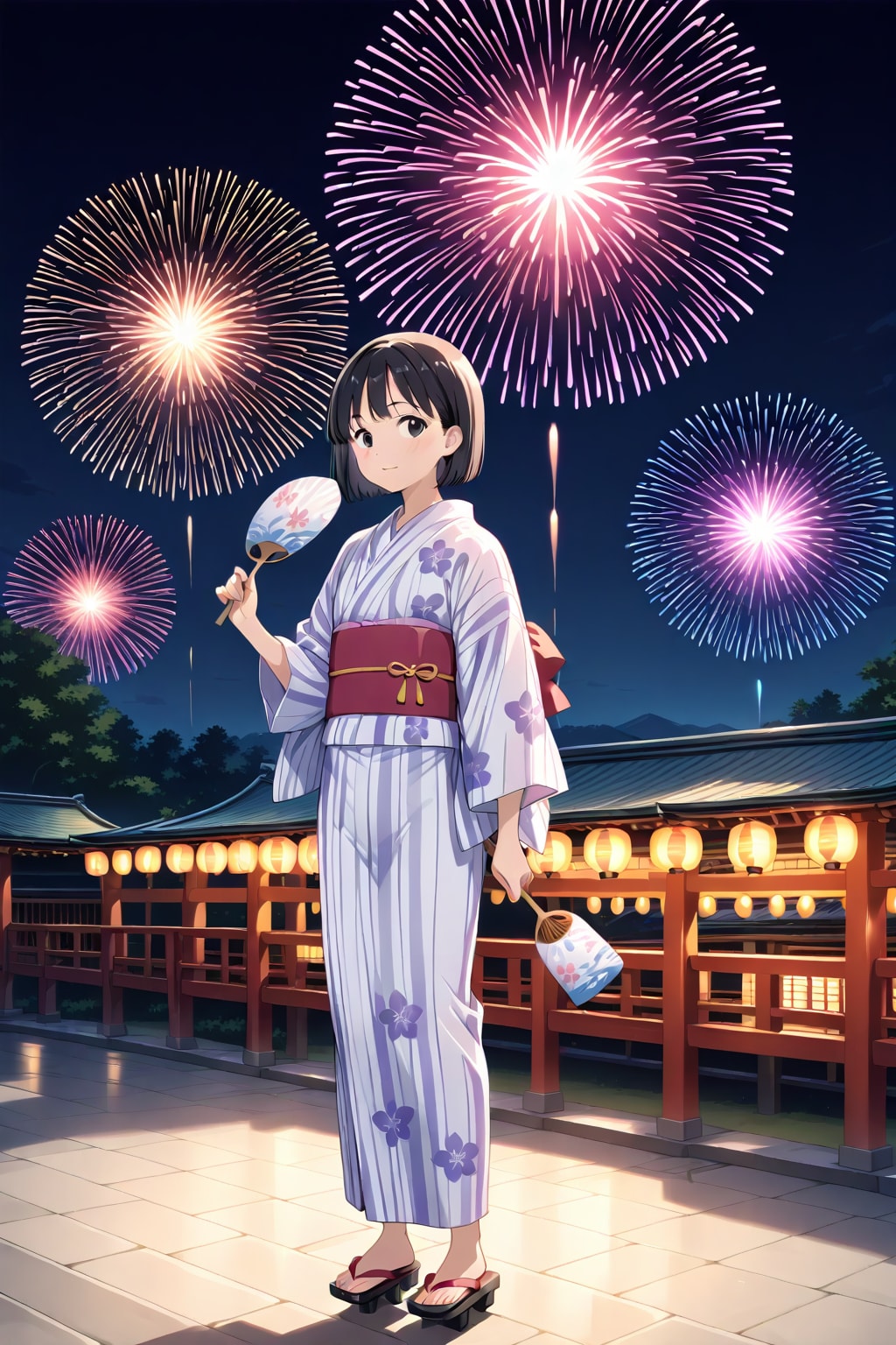 花火と下駄を履いた浴衣少女