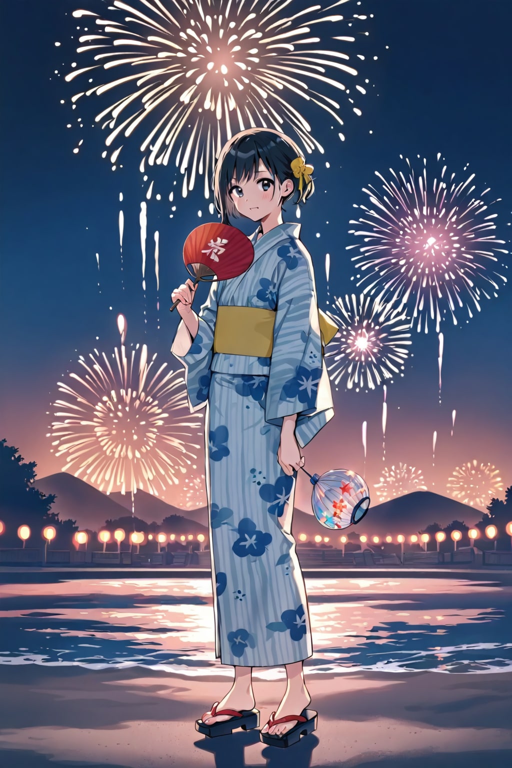 花火と下駄を履いた浴衣少女
