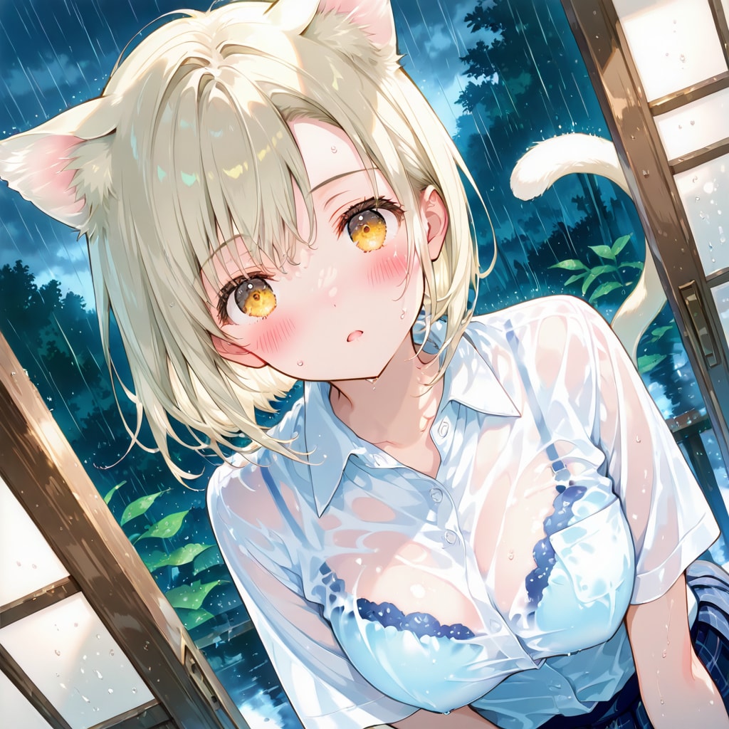 雨、びしょ濡れ　猫娘JK
