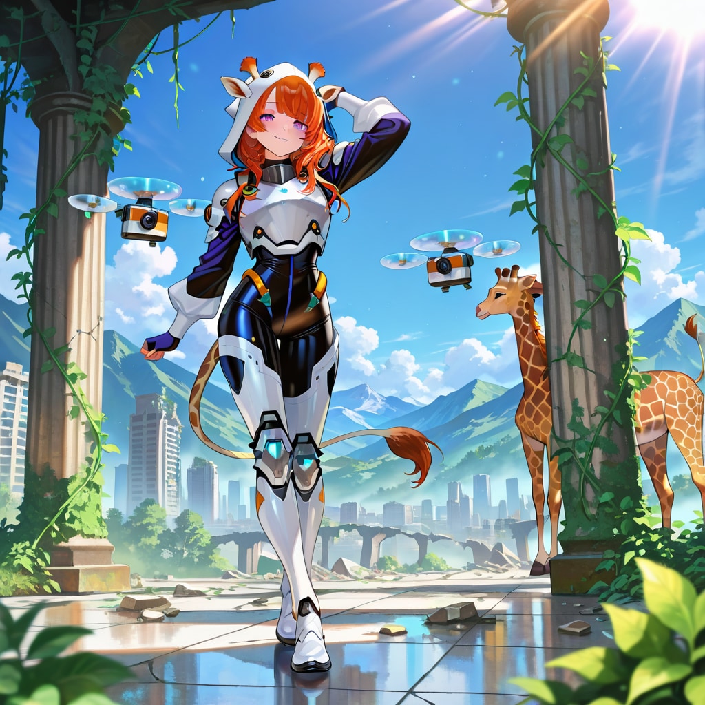 都市と廃墟とキリンフーディーメカ娘ちゃん | の人気AIイラスト・グラビア