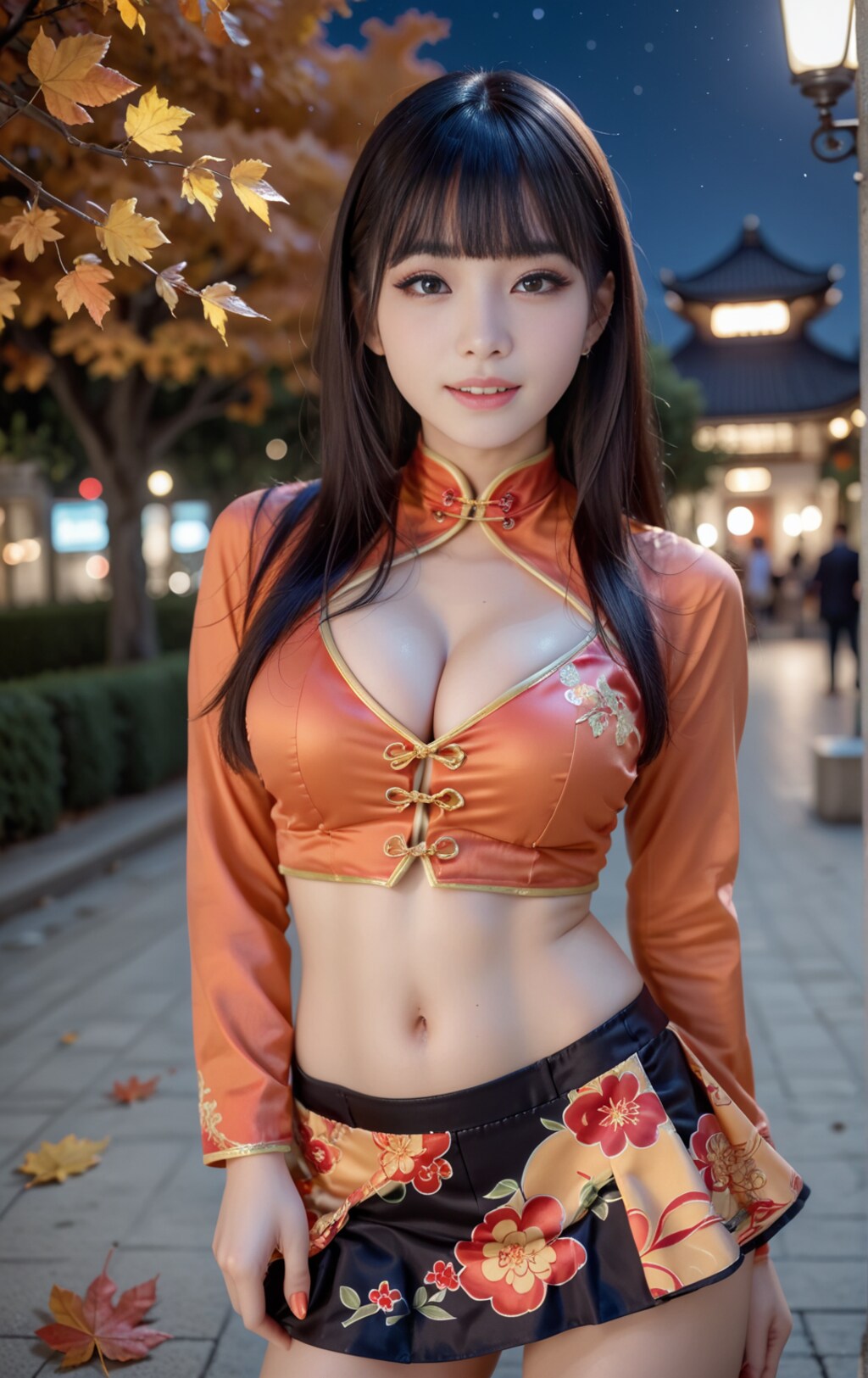 オレンジのチャイナドレスの美女