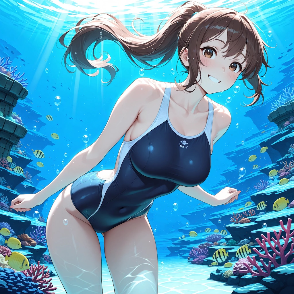 水中詰め合わせ 茶髪ポニーテール✕競泳水着編