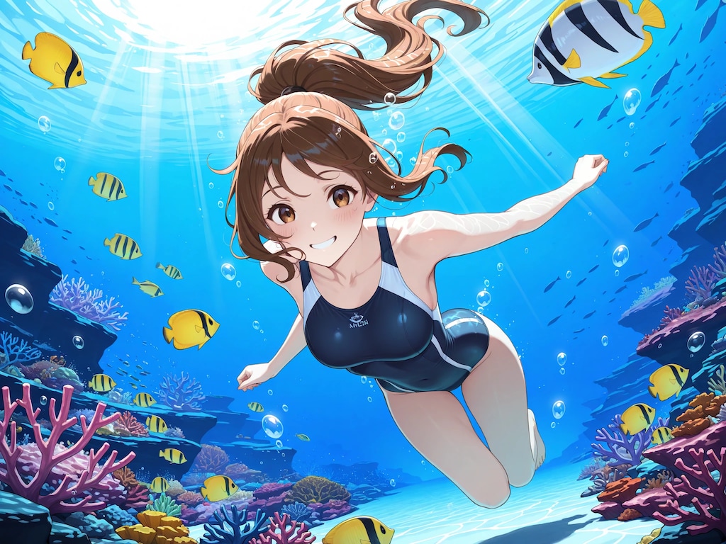 水中詰め合わせ 茶髪ポニーテール✕競泳水着編