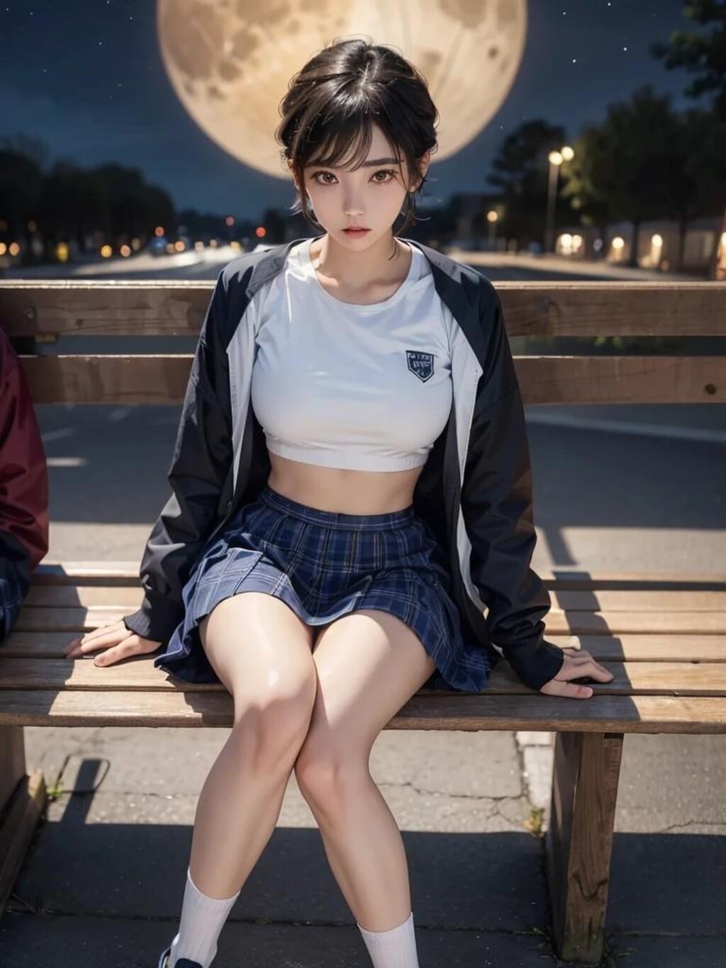 夜の公園で座っている女子高生