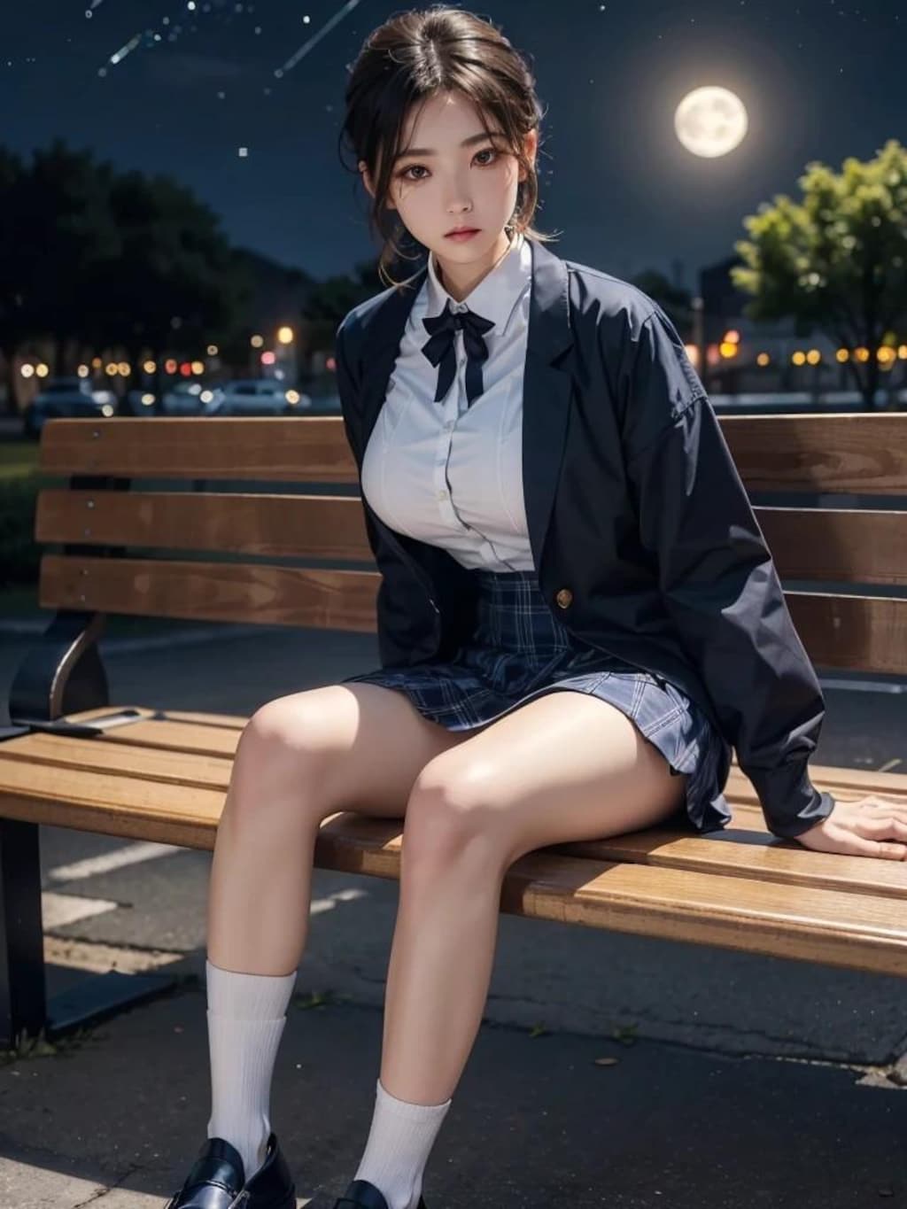 夜の公園で座っている女子高生