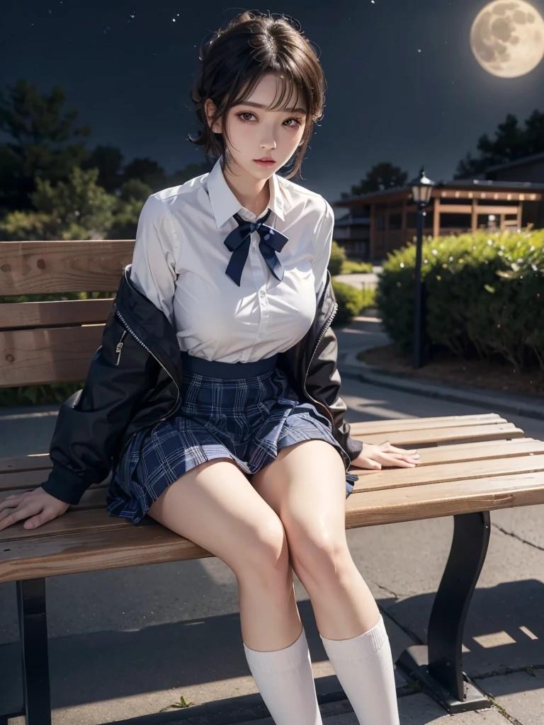 夜の公園で座っている女子高生 | の人気AIイラスト・グラビア