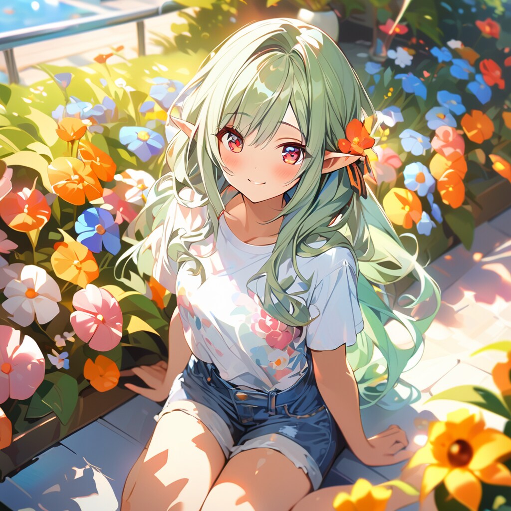 お花畑にTシャツ姿のエルフさん | の人気AIイラスト・グラビア