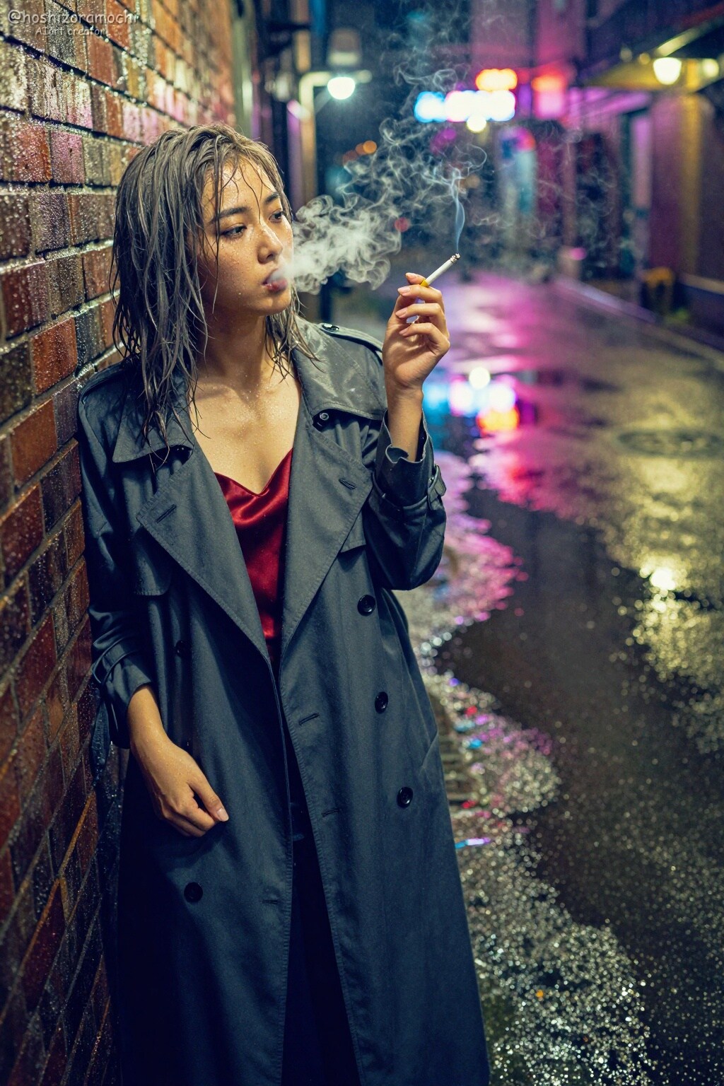 雨の路地裏に漂う、儚くも鋭い孤独の輪郭。