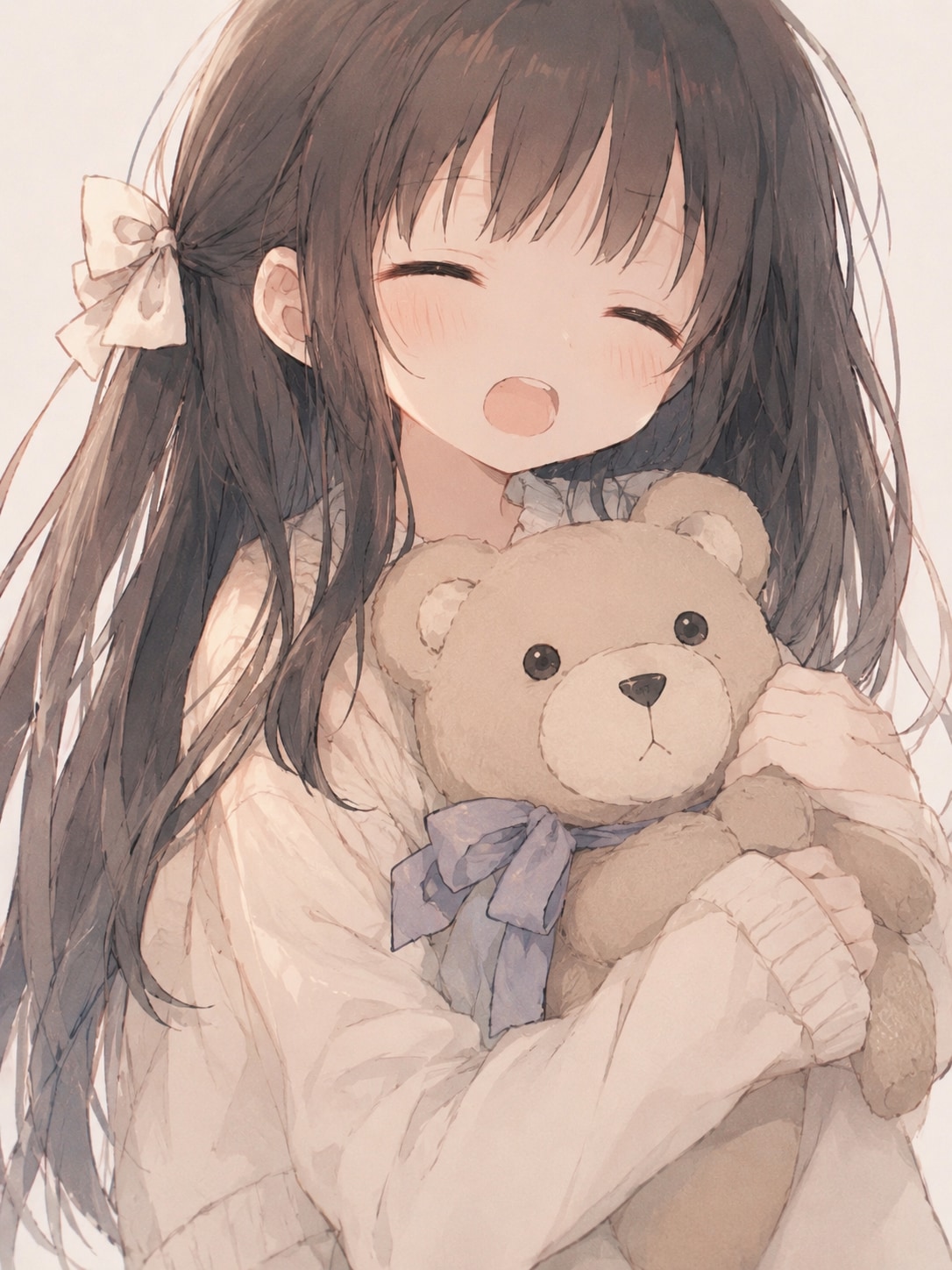 眠そうな少女とテディベアの抱擁 | の人気AIイラスト・グラビア
