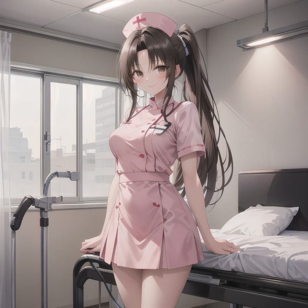 黒髪ポニテで看護服の少女