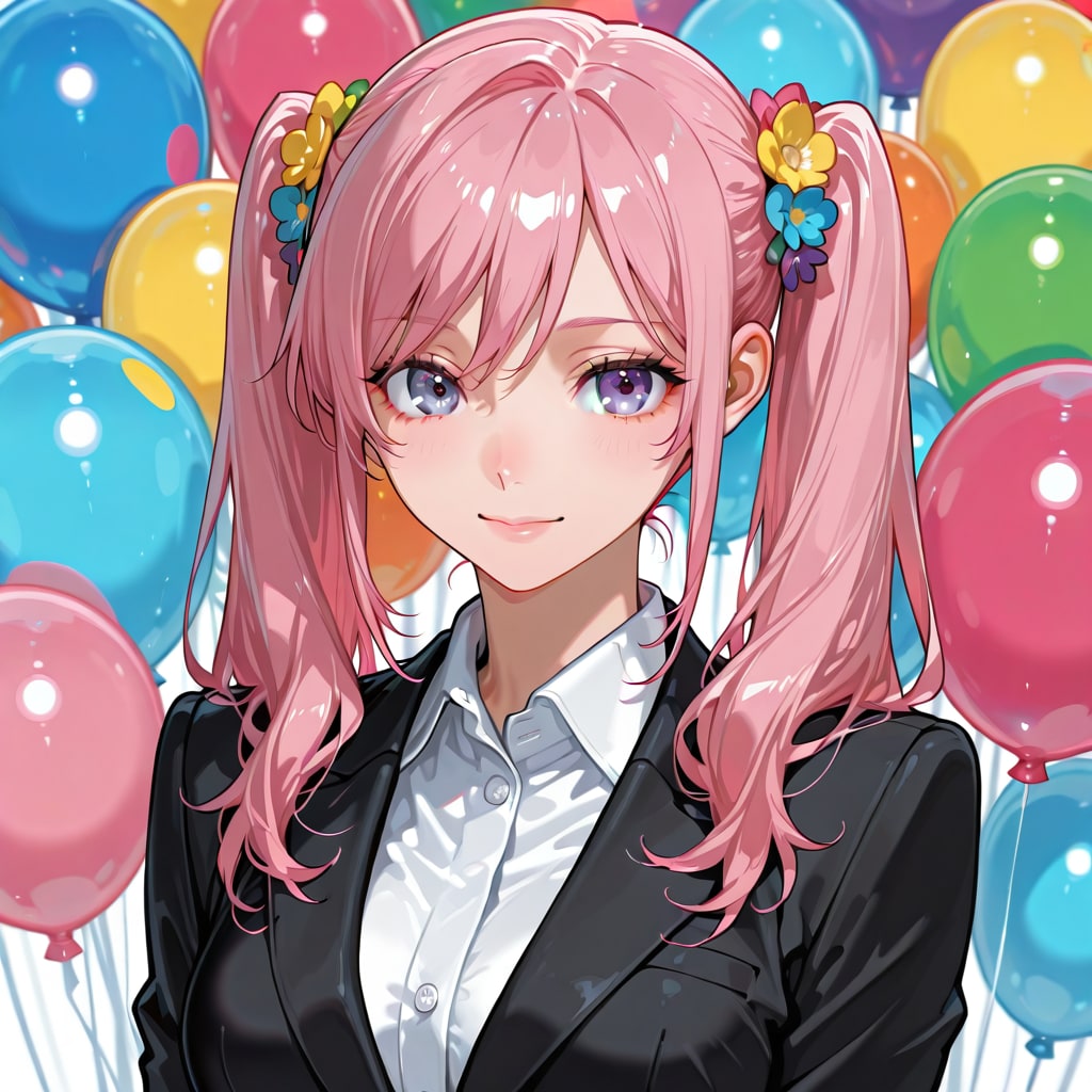 いっぱい色とりどりの風船を持つピンク髪ツインテールの黒いスーツ着た美女先生 | の人気AIイラスト・グラビア