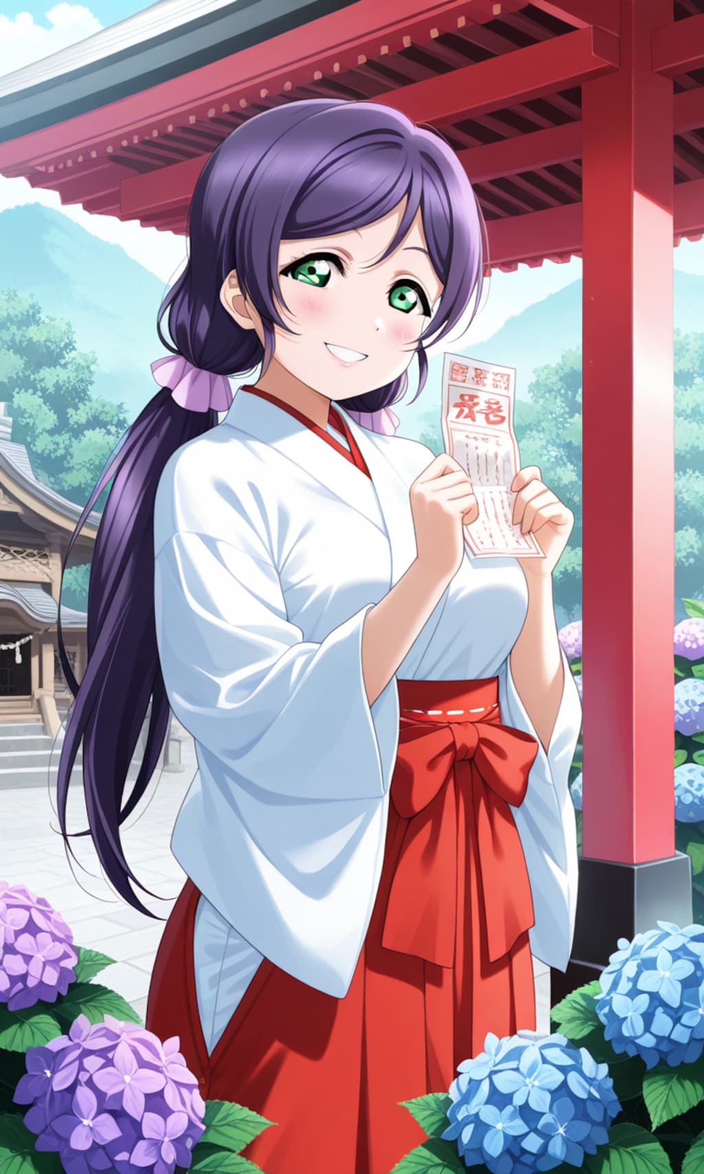 PixAI LoRAで神社で紫陽花とおみくじと巫女服姿の東條希⛩️❤️