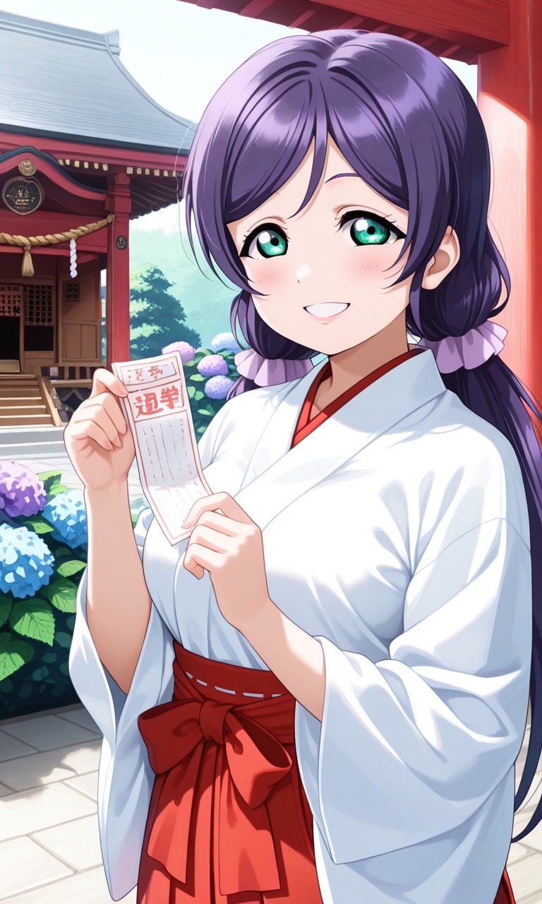 PixAI LoRAで神社で紫陽花とおみくじと巫女服姿の東條希⛩️❤️