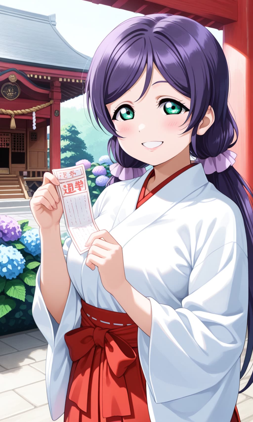 PixAI LoRAで神社で紫陽花とおみくじと巫女服姿の東條希⛩️❤️