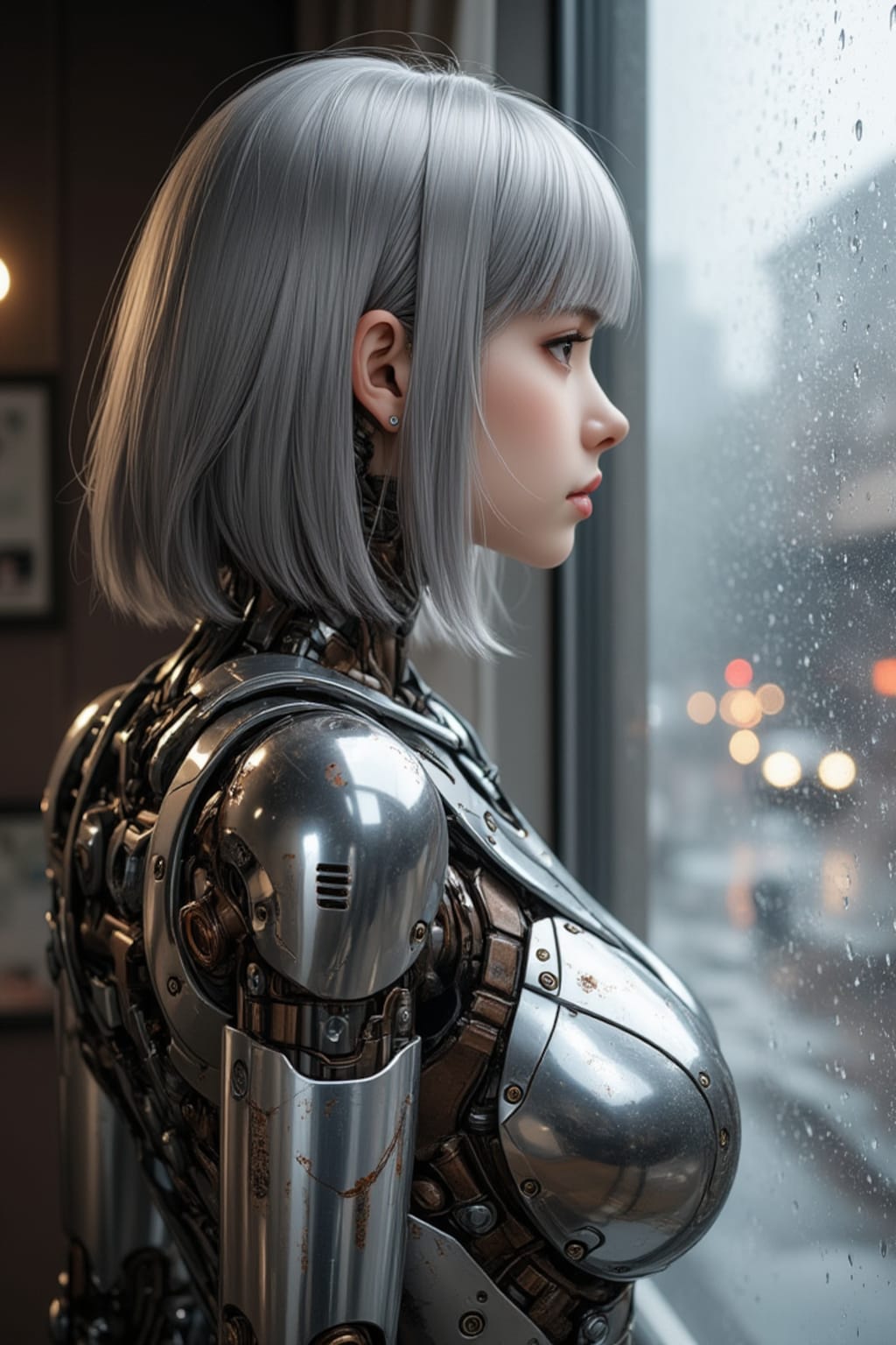 窓の外を眺めるメカ子