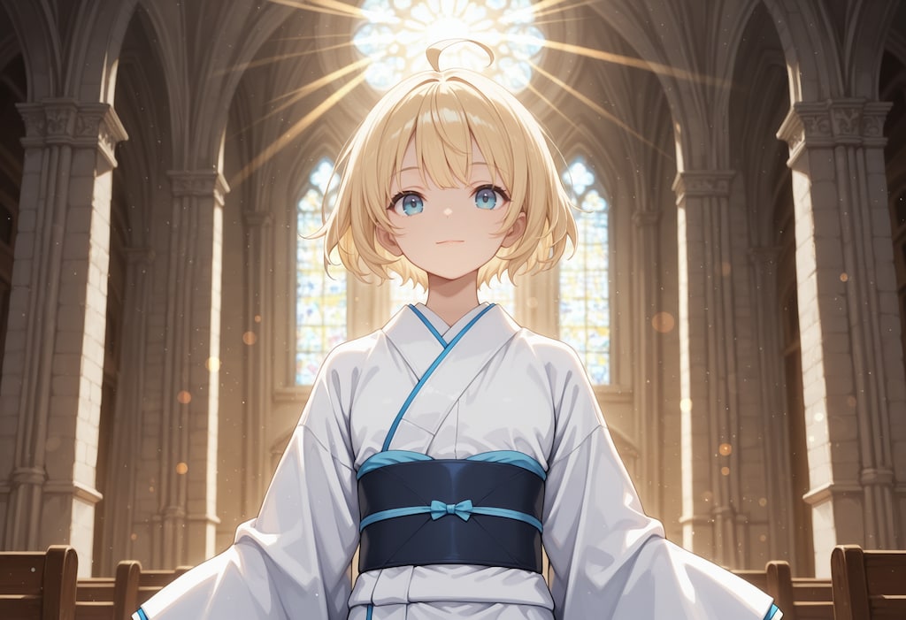 ステンドグラスと着物とシスターさん