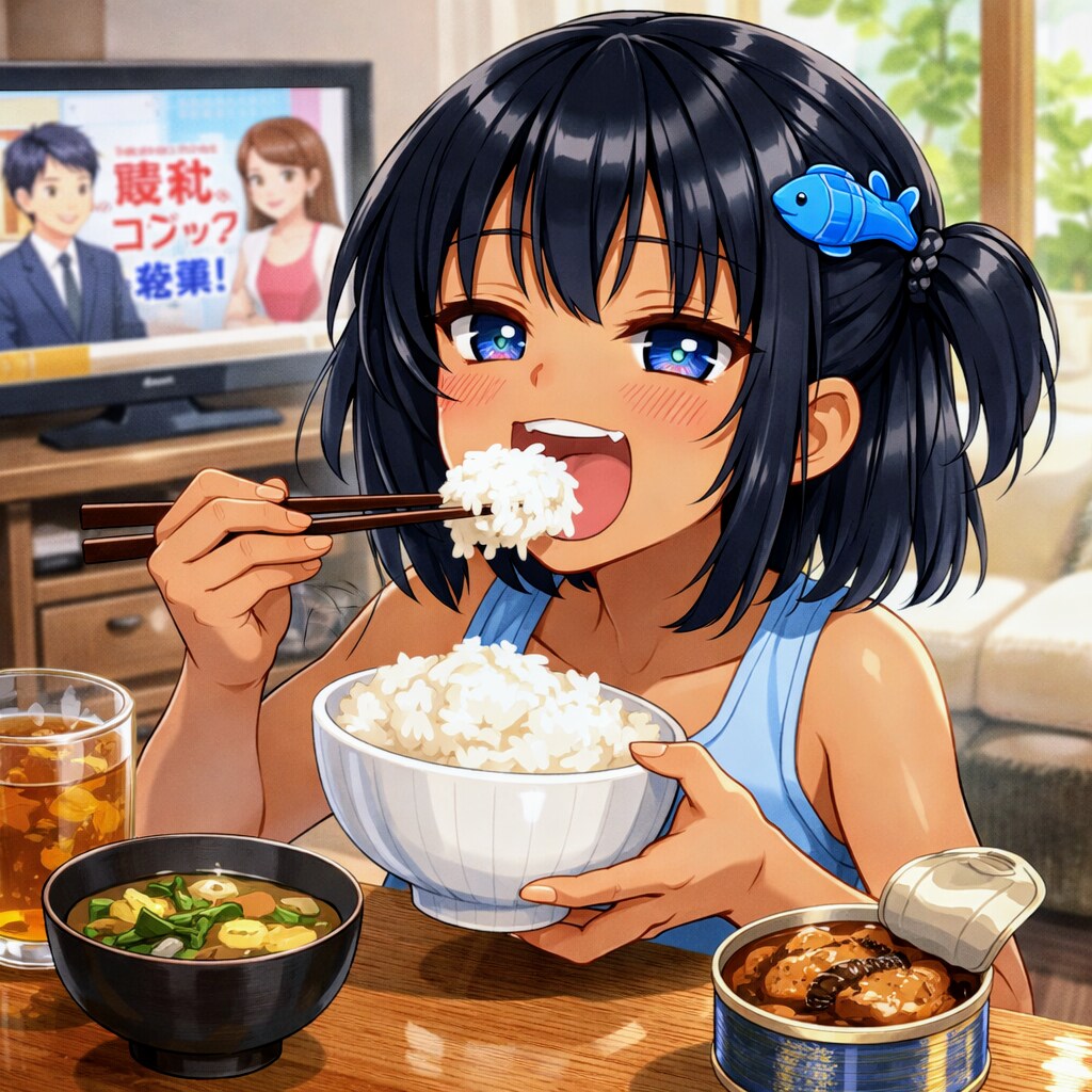 鯖缶で昼食を取るこなつちゃん