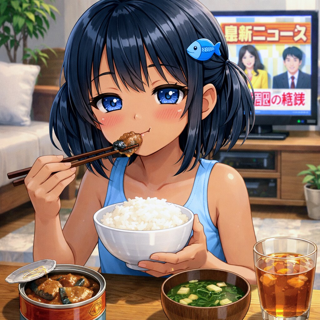 鯖缶で昼食を取るこなつちゃん