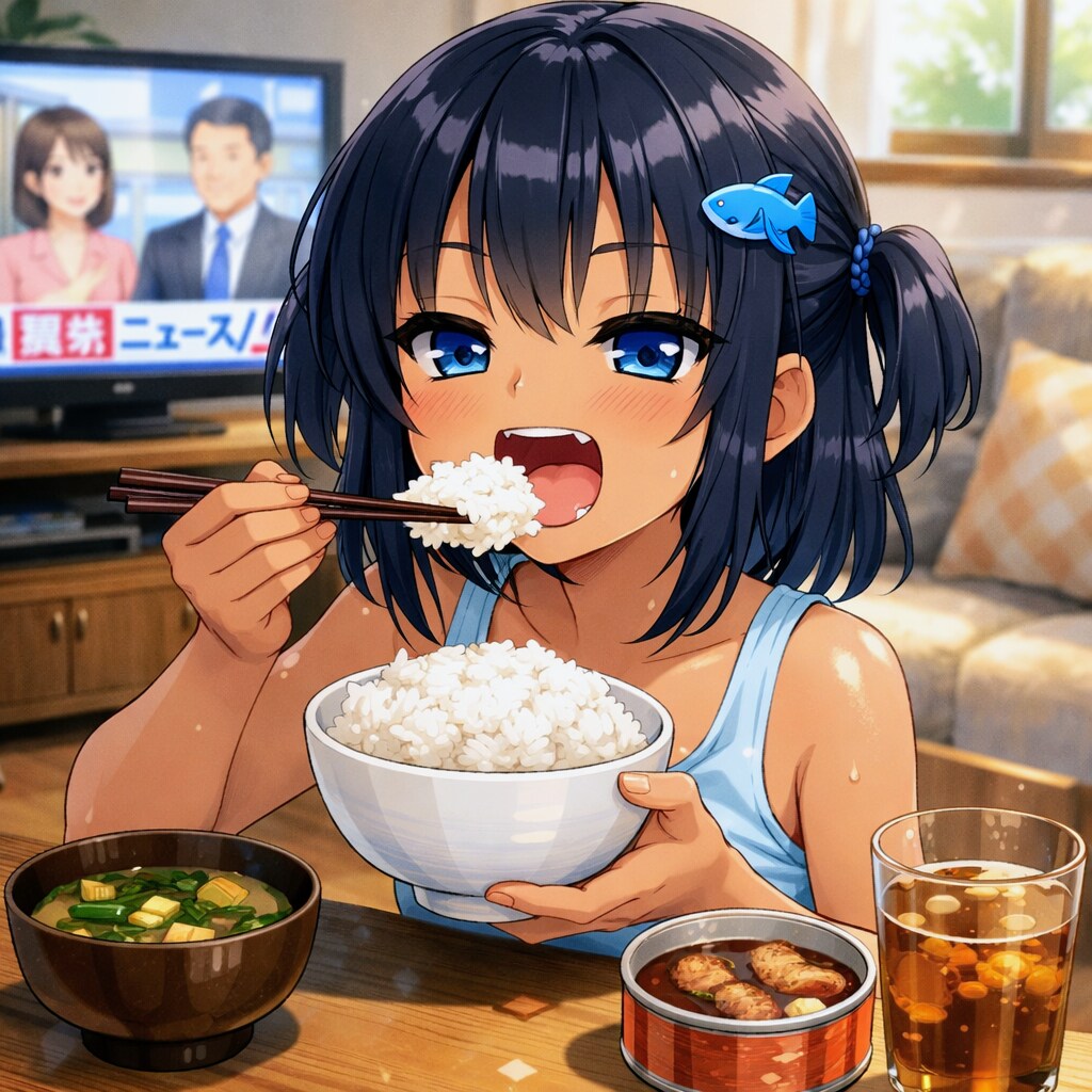 鯖缶で昼食を取るこなつちゃん