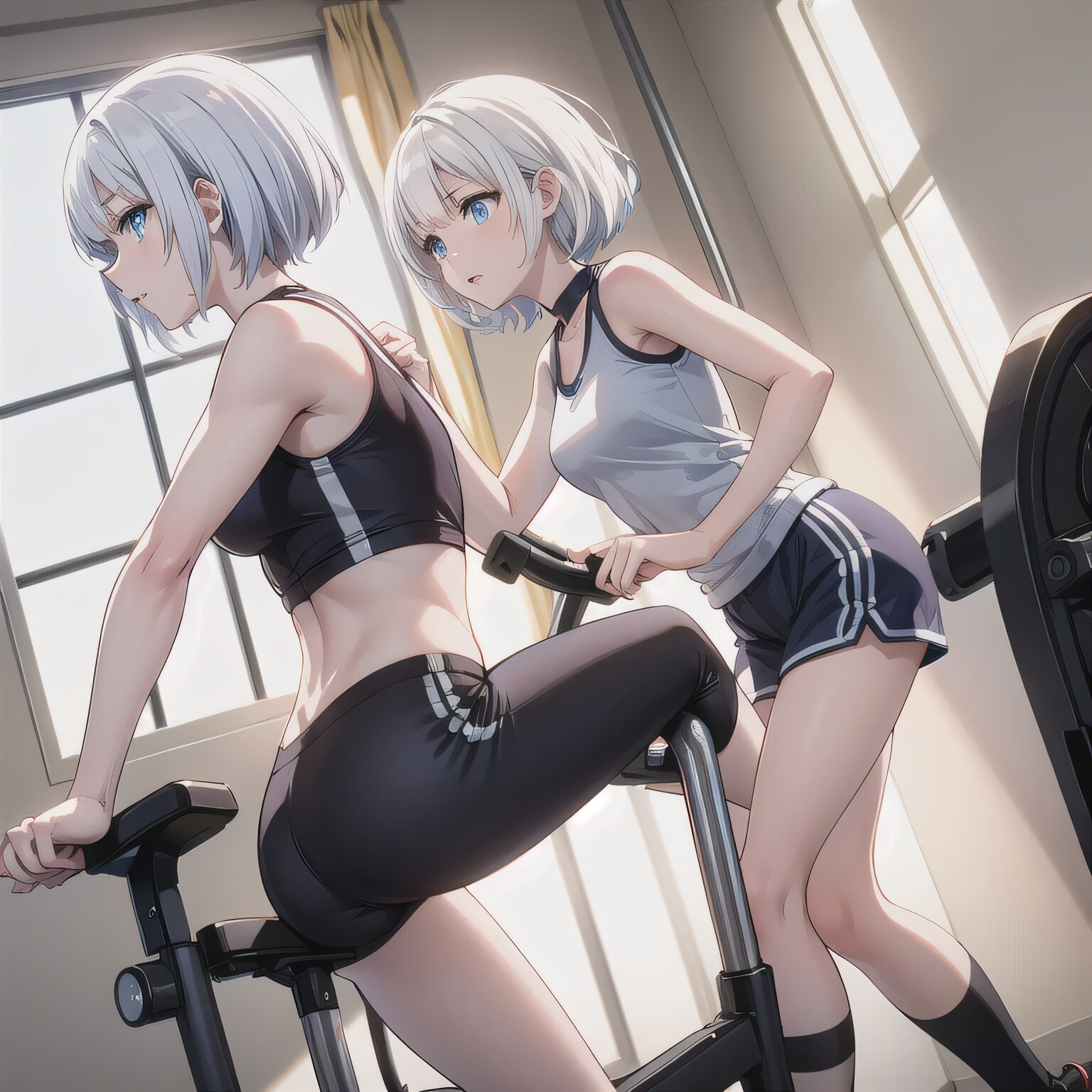 白髪ボブでエアロバイクの少女３ | の人気AIイラスト・グラビア