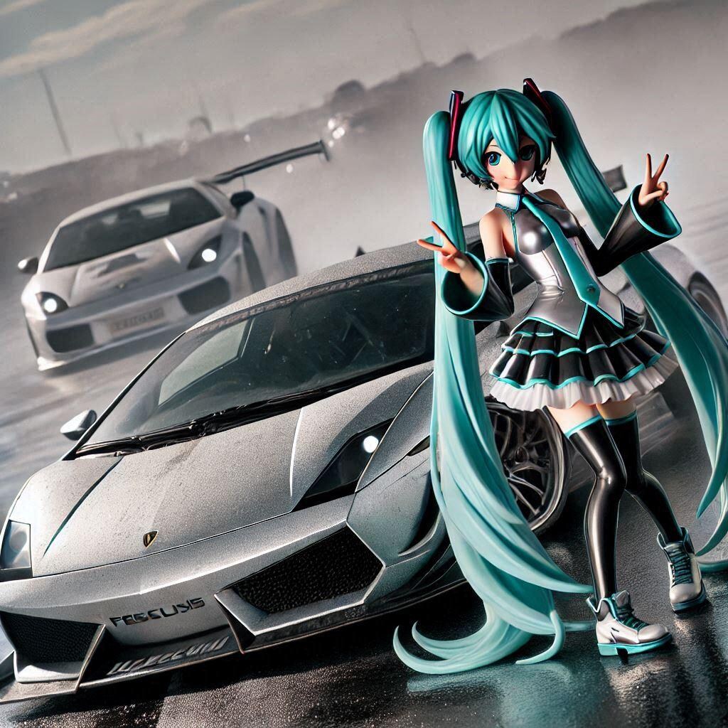 初音ミクとシルバーメタリックランボルギーニガヤルドのドリ車
