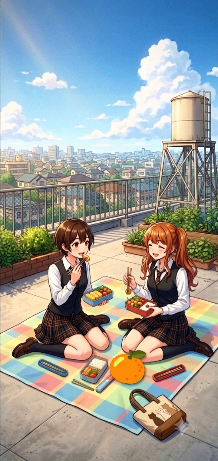 手作りのお弁当と､仲良しの友達｡🍏　　　　　　　　　　　　　　　夏が過ぎ去りし日　　　　　　　　　　　　　　　　心地良い秋風と日光🌞 | の人気AIイラスト・グラビア