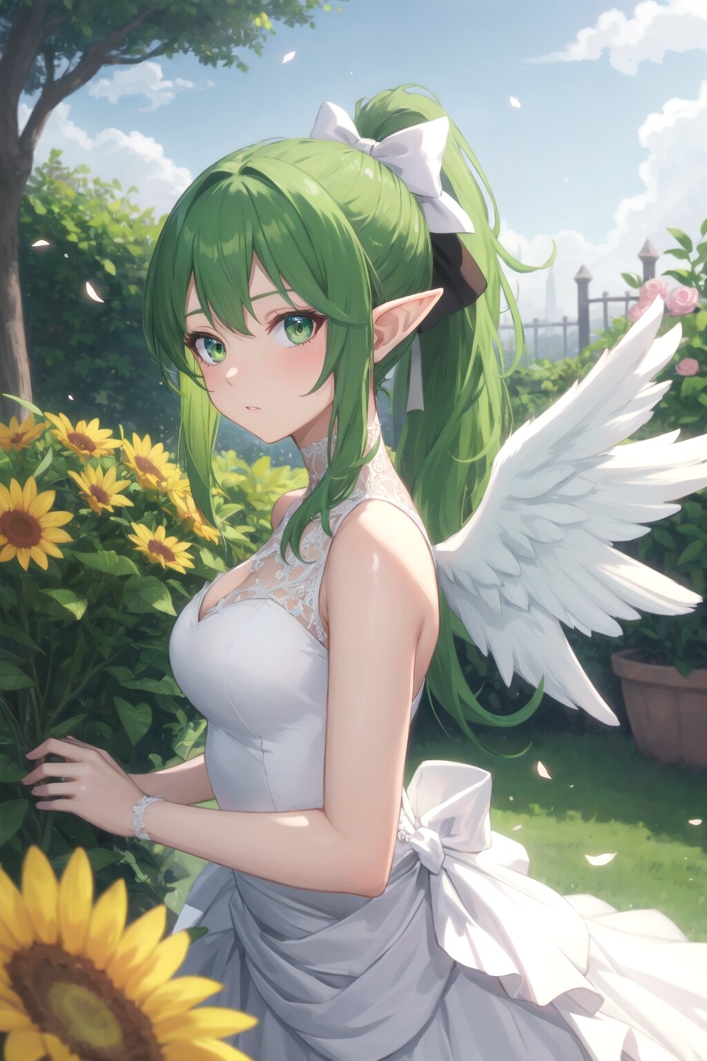 緑髪ポニーテールエルフで天使のウェディングドレス姿　ー by #V4B 高解像度版 ー