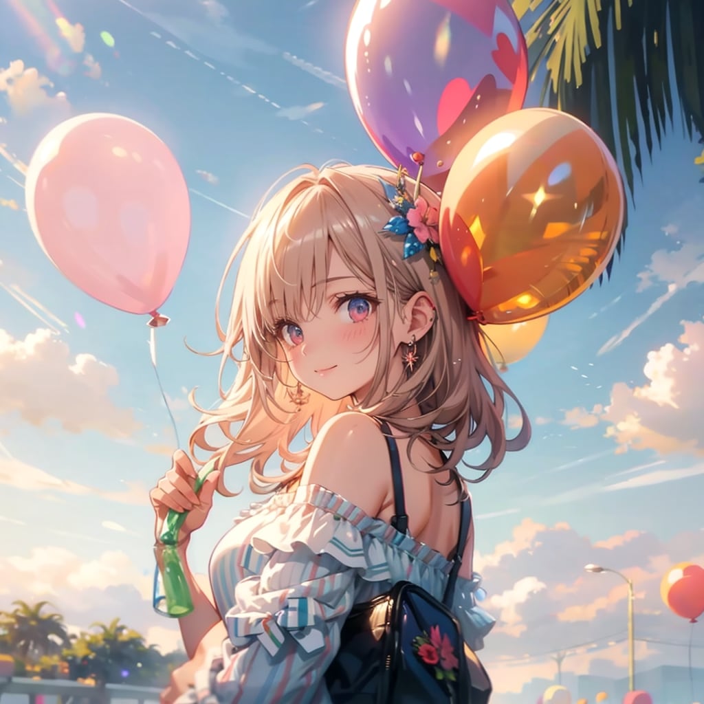 いっぱい色とりどりの風船を持つ美女