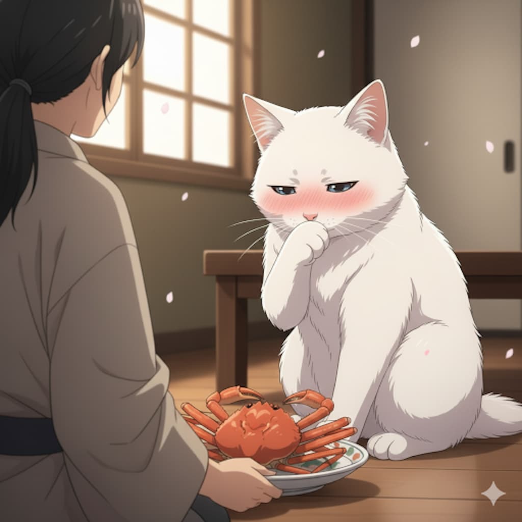 ツンデレ白猫さまも かにをくえるんだな