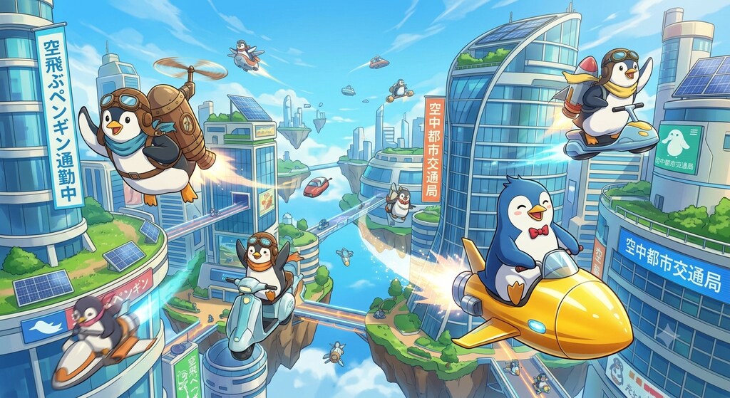 街を空を飛んで移動する時代のペンギン達