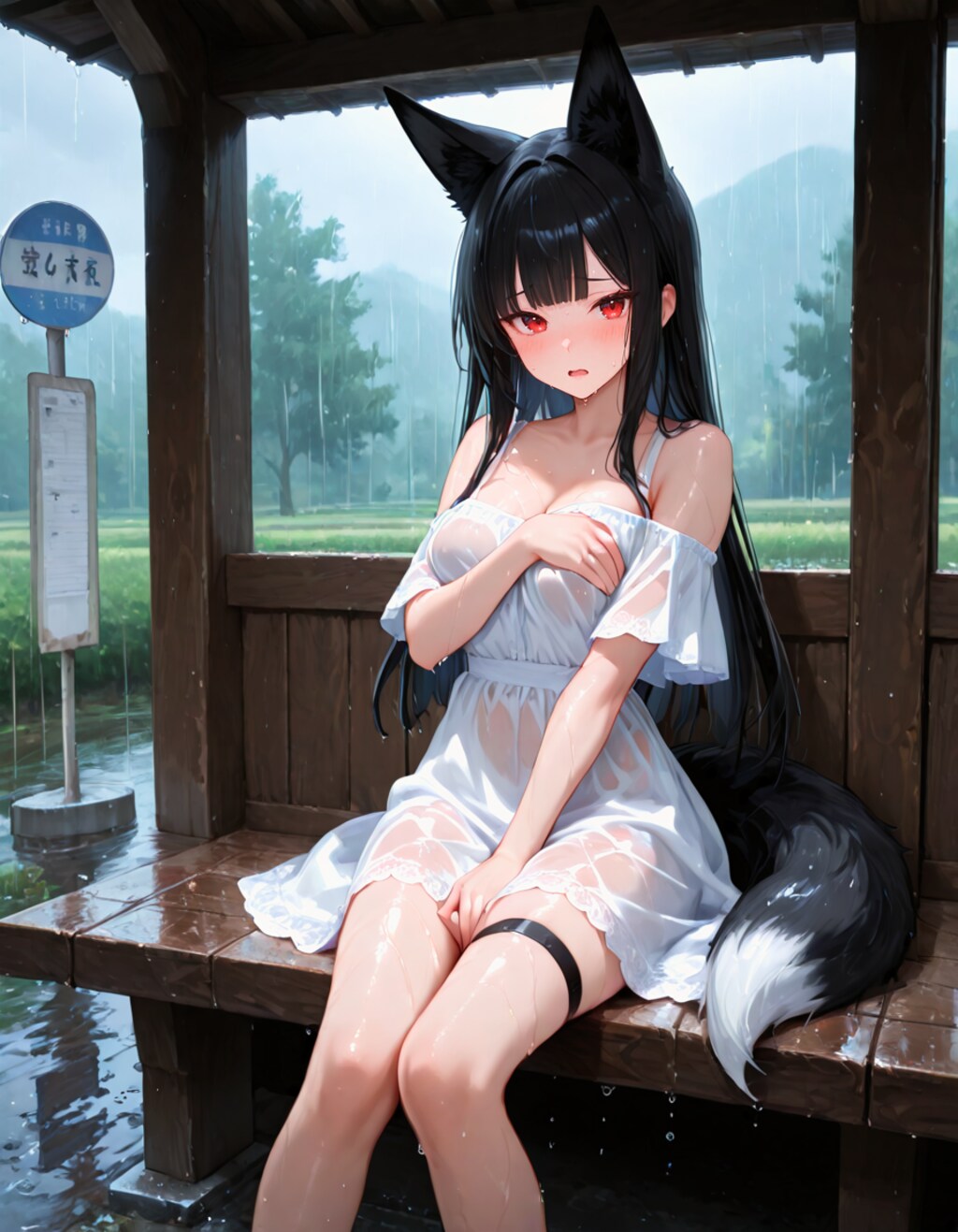 雨宿りのバス停で…