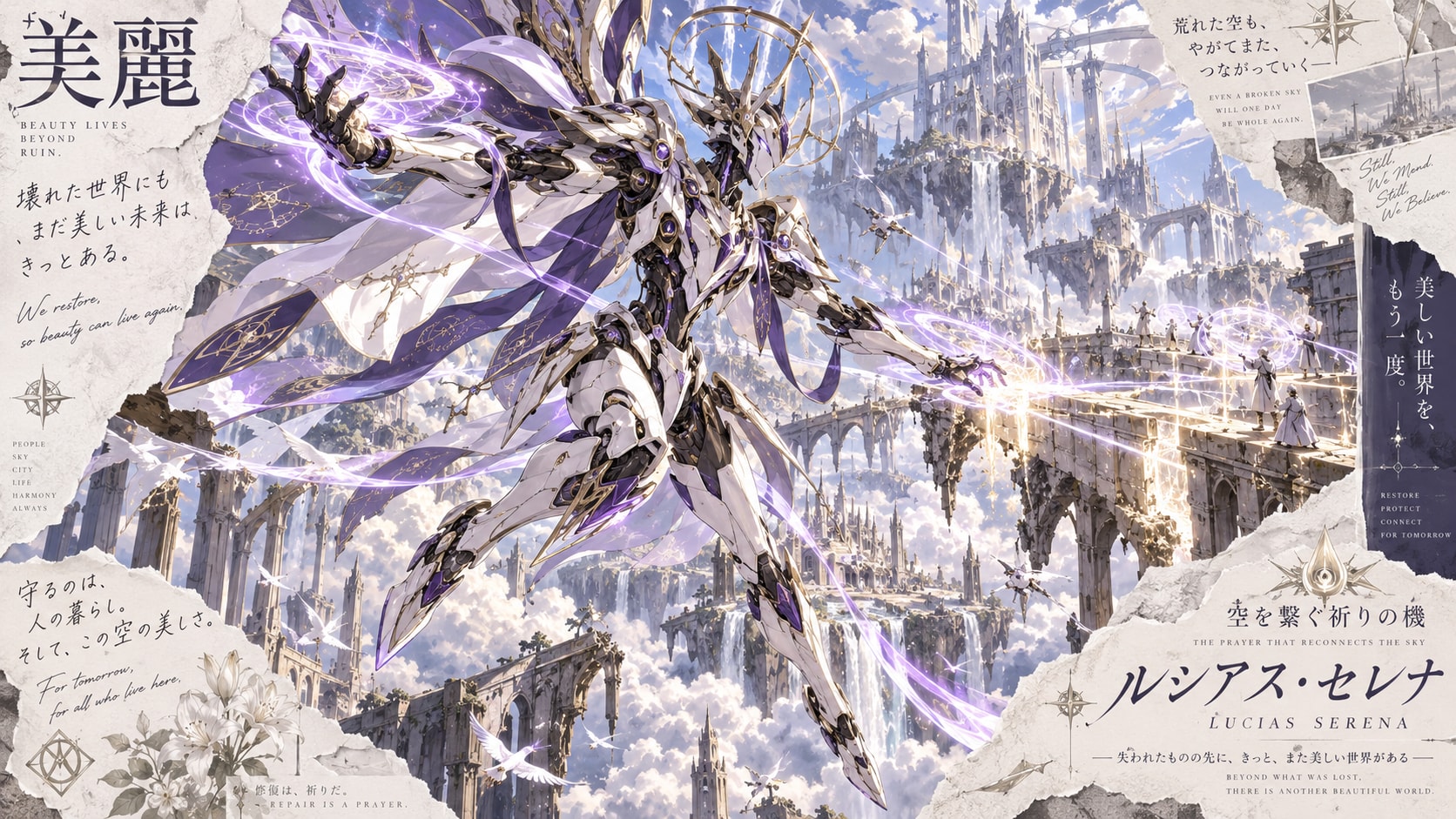 Lucias Serena: The Prayer Machine Reconnecting the Sky  A divine-looking mecha, Lucias Serena, is de | の人気AIイラスト・グラビア