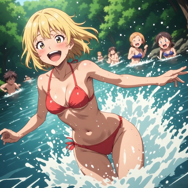 金髪女子の川遊び