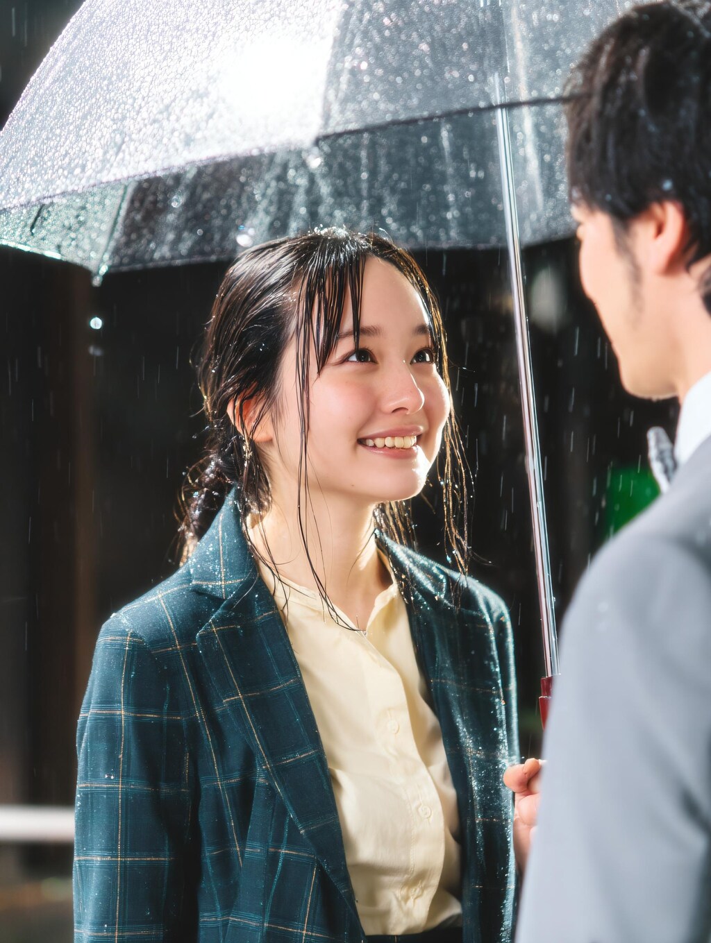 「びしょ濡れの美女に雨の日に傘を貸すサラリーマン　ほれてまうやろー」