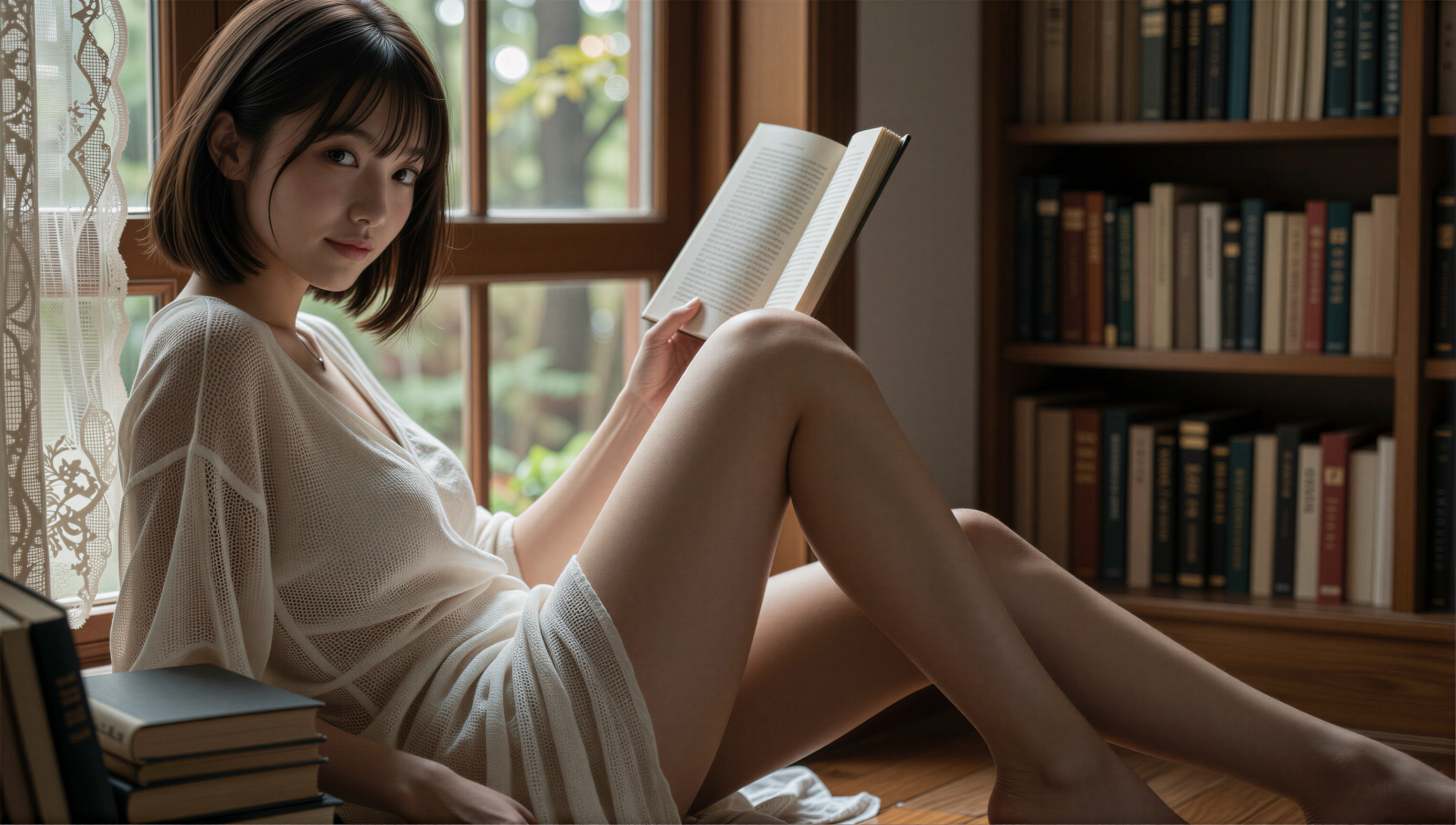 白いドレスと本の静かな時間 2