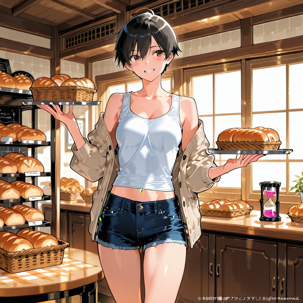 ボーイッシュ美女、パン屋で | の人気AIイラスト・グラビア