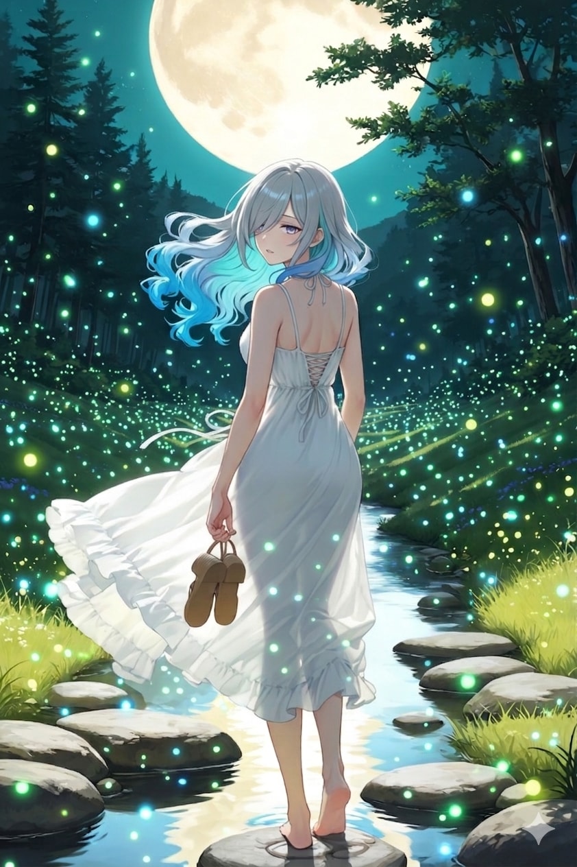 蛍と月と美女