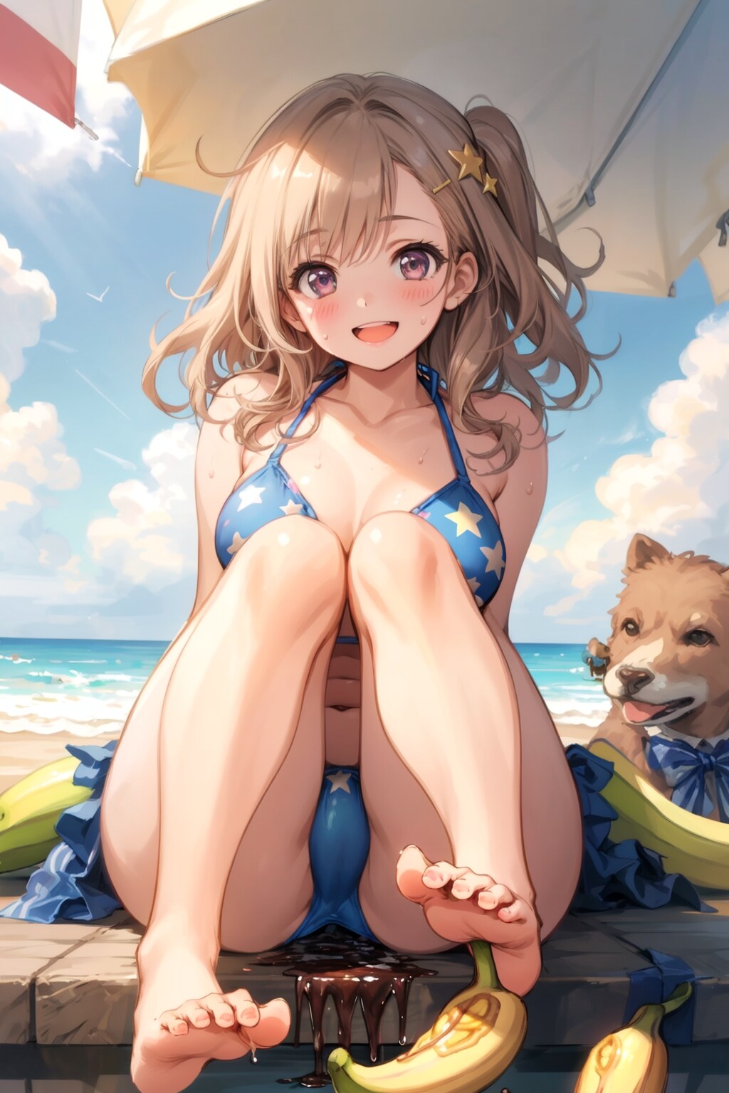 足で剥いたバナナ、チョコソースで食べて