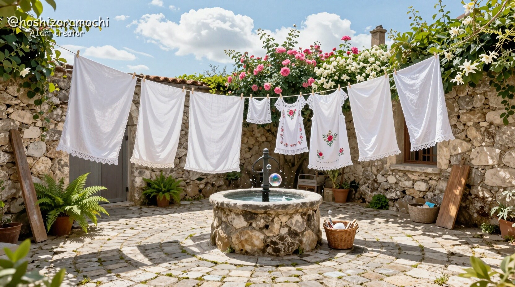 蜂蜜色の光差す洗濯日和の中庭 | の人気AIイラスト・グラビア