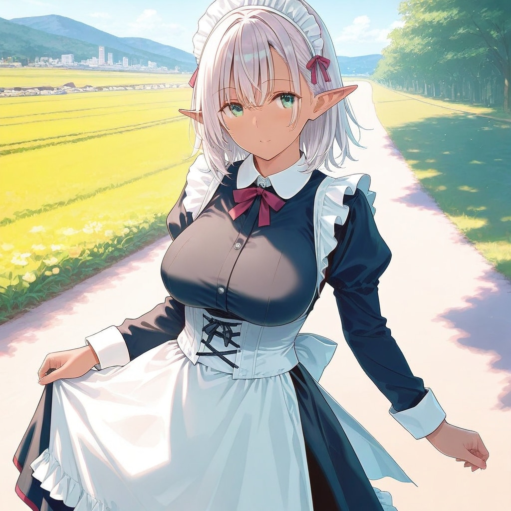 田舎道をダークエルフメイドと散歩中