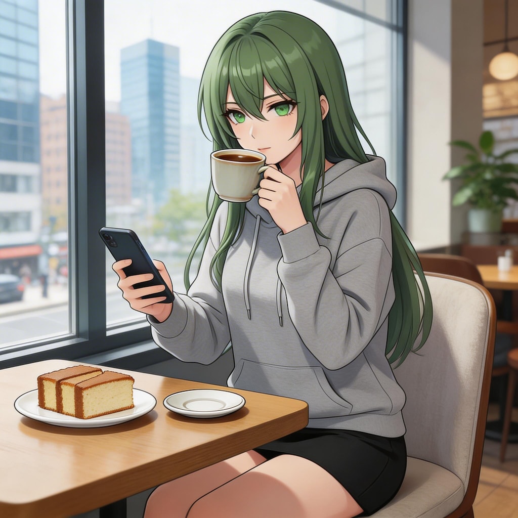 カフェでコーヒーとエメルダ