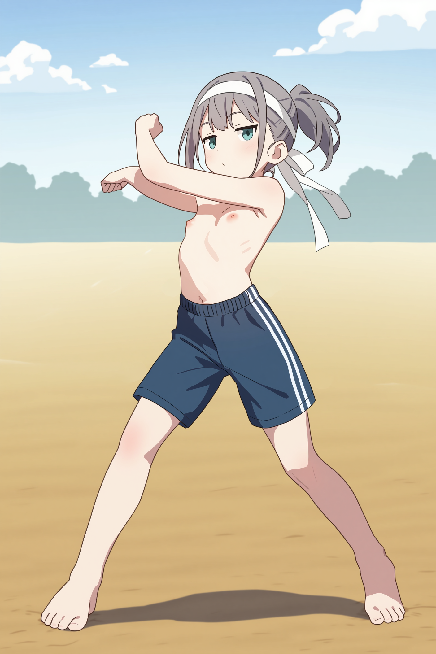 上半身裸+ハーフパンツ+裸足+ハチマキ