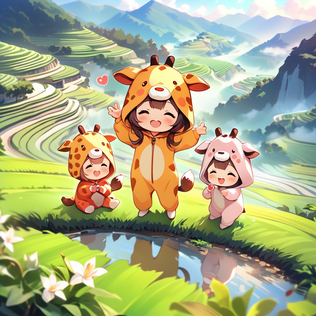 緑豊かな段々畑のキリン着ぐるみちび子ちゃん