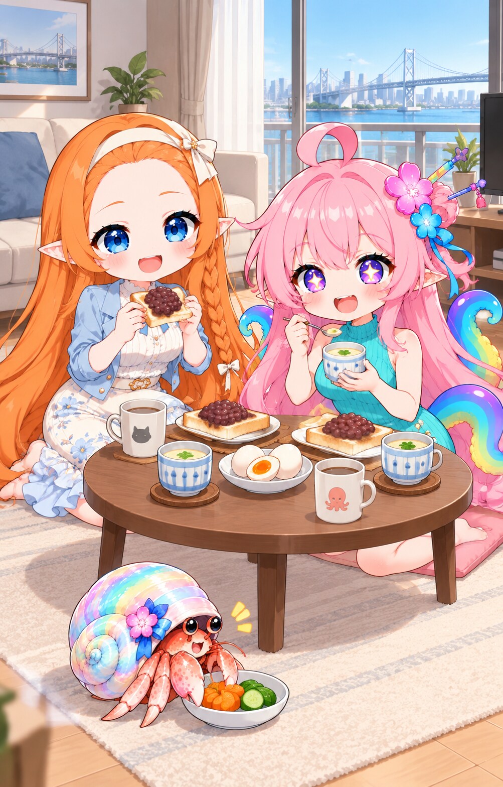 ある朝の食事風景 『桃タコ＆でこオレンジ』 | の人気AIイラスト・グラビア