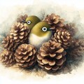 White-eyes in pinecones 3枚目