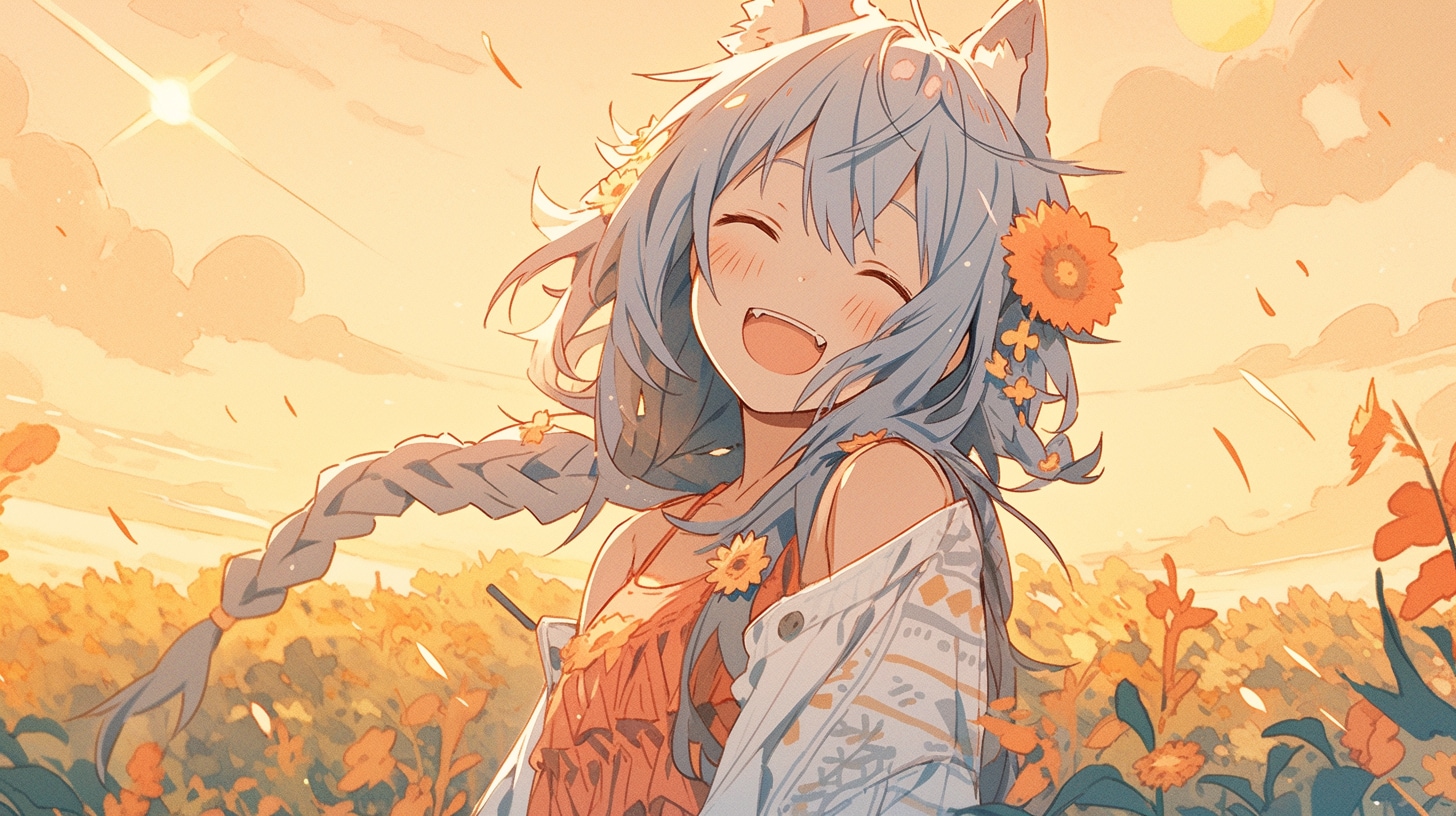 夕陽の花畑で笑う狼少女 | の人気AIイラスト・グラビア