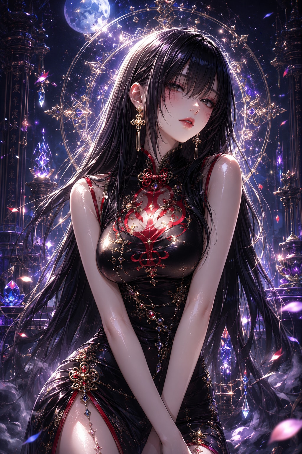 満月の光と漆黒のチャイナドレス ✨ 幻想的な月下の美女